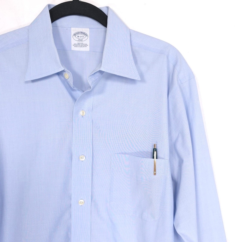 BROOKS BROTHERS Men's Dress Shirt 16 - 2/3 Blue Slim Fit Non Iron Stretch Cotton